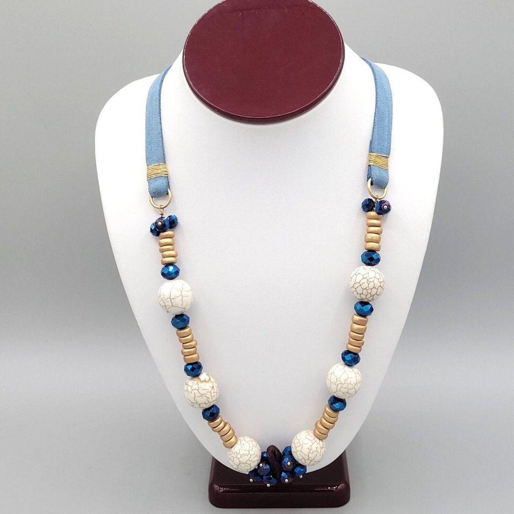 White Stone Blue Crystal Beads Gold Tone Spacer Womens Necklace 28 in
